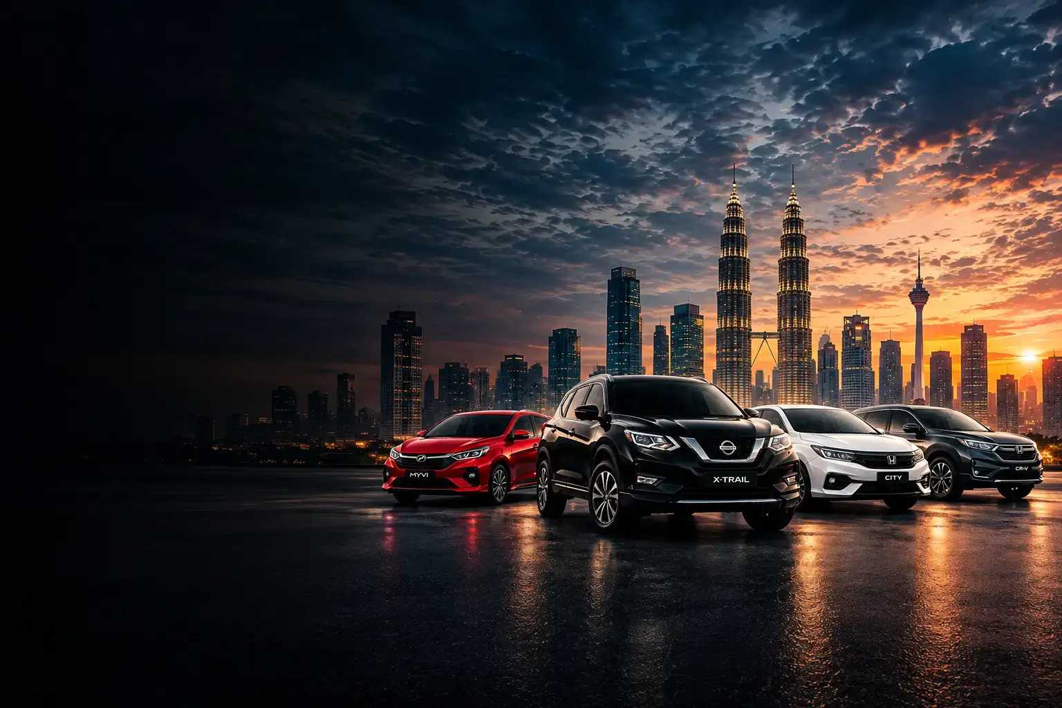 Perodua Myvi, Nissan X-Trail, Honda City and Honda CR-V parked in a row on a wet road at night