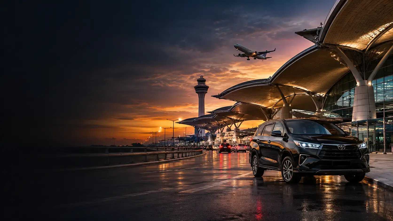 A black seven-seater car outside an airport terminal at dusk, with a plane taking off