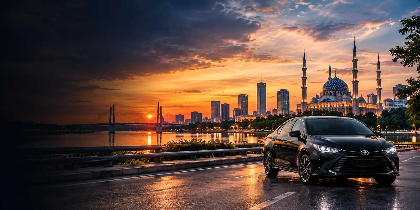 A black sedan parked on a waterfront road at sunset, with a mosque and city skyline behind it